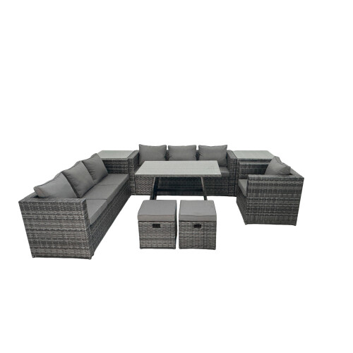 Fimous Fimous Rattan Dining Table Sofa Set with 2 Side Tables Small Footstool 9 Seat