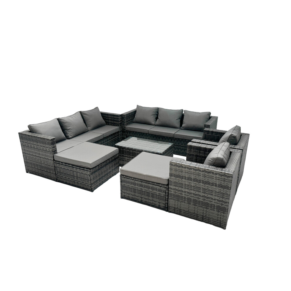 Fimous 10-Seater Patio Coffee Table Sofa Set With 2 Big Stools Brown