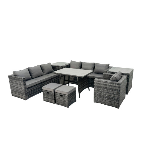 Fimous Fimous Rattan Dining Table Sofa Set with 2 Side Tables Small Footstool 9 Seat 1