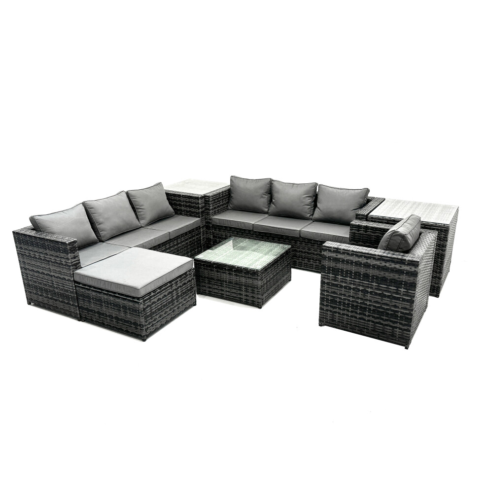 Fimous 8-Seater Patio Coffee Table Sofa Set With 2 Side Tables Big Stool Brown