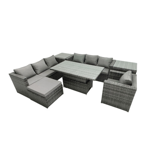 Fimous Fimous Rattan Dining Table Sofa Set with 2 Side Table Big Footstool 8 Seat 1