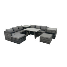 Fimous Rattan Dining Table Sofa Set with 2 Side Tables Big Footstools Outdoor