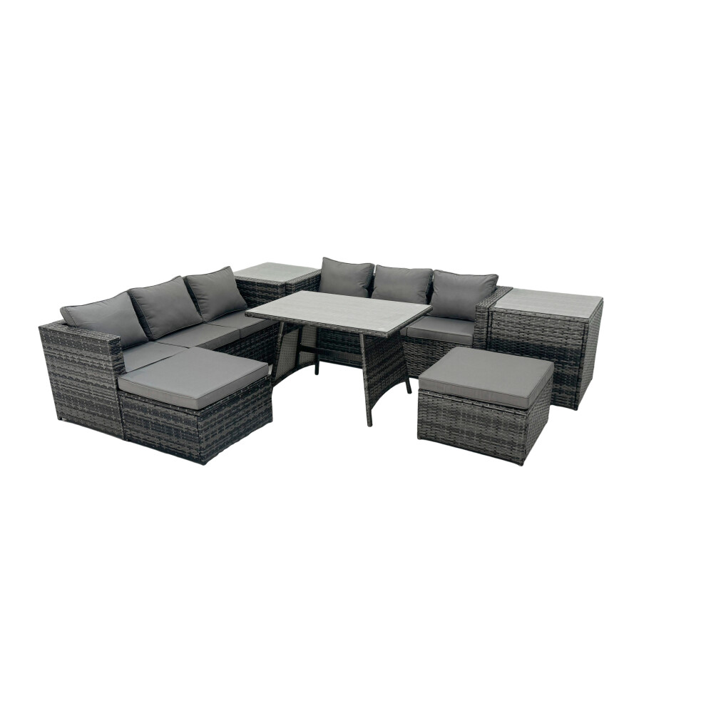 Fimous Rattan Dining Table Sofa Set With 2 Side Tables Big Footstools Outdoor