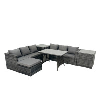Fimous Rattan Dining Table Sofa Set with 2 Side Tables Big Footstool Outdoor
