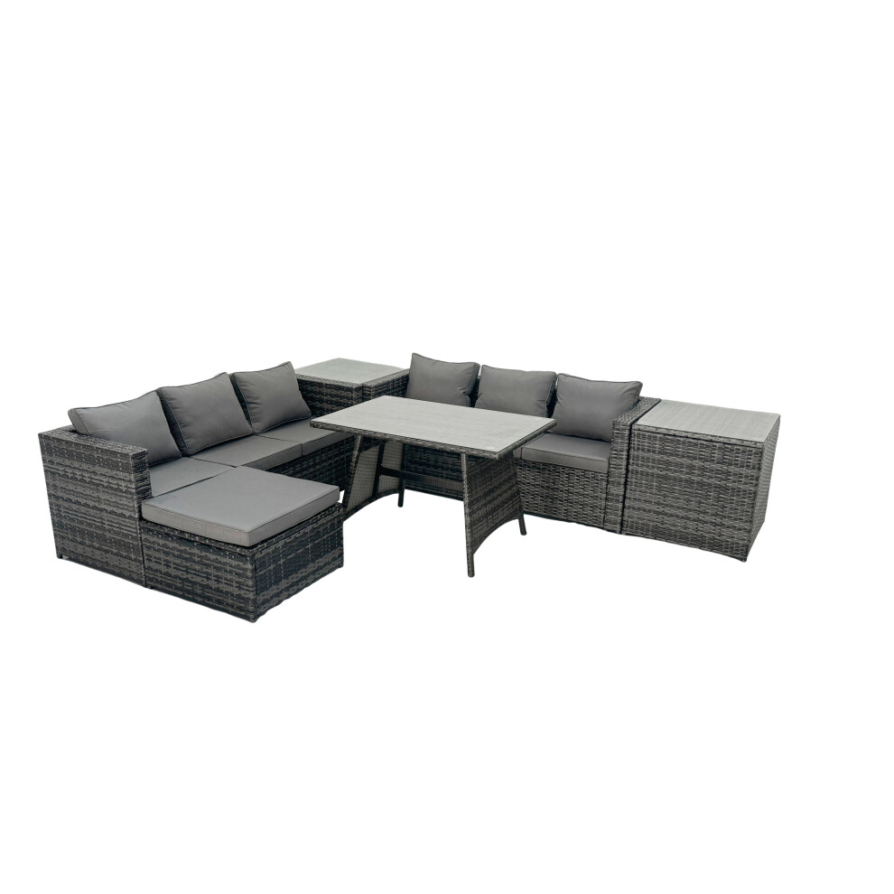 Fimous Rattan Dining Table Sofa Set with 2 Side Tables Big Footstool Outdoor