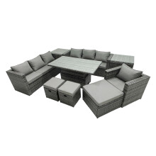 Fimous Rattan Lounge Sofa Rising Dining Table Set & 2 Side Tables 3 Footstool