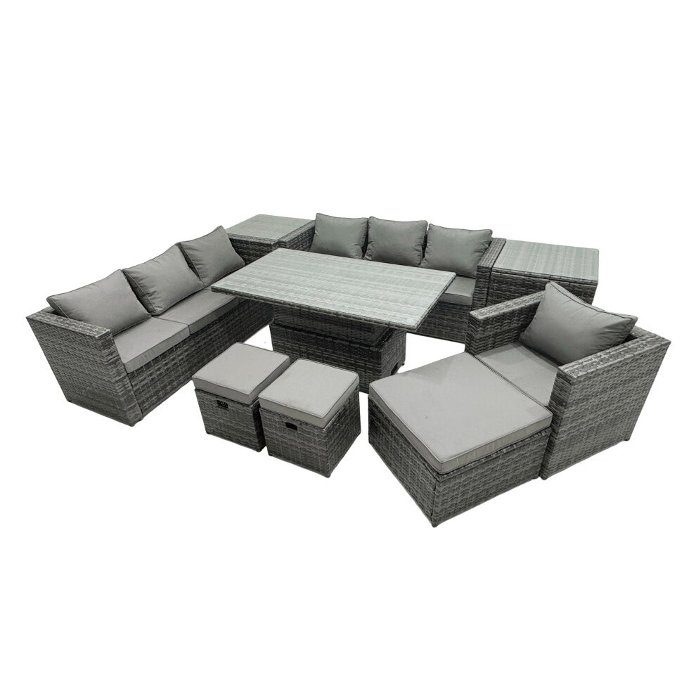 Fimous Rattan Lounge Sofa Rising Dining Table Set & 2 Side Tables 3 Footstool