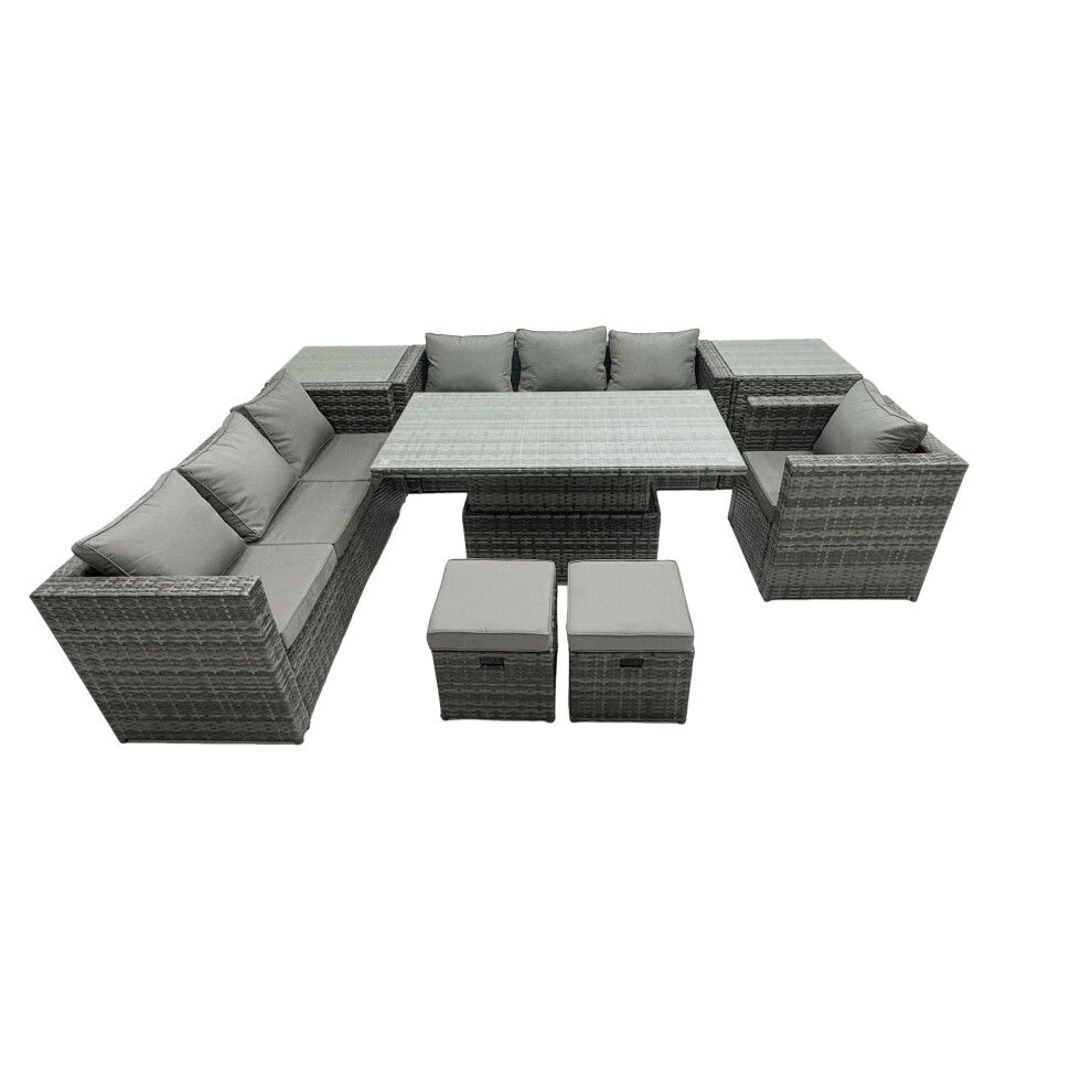 Rackhams Dark/Grey Rattan Dining Table Sofa Set With Armchair 2 Small Stools Outdoor 9 Seat Garden Furniture Set Mixed - Image 2