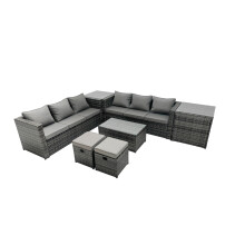 Fimous 8-seater Patio Coffee Table Sofa Set with Side Table 2 Small Footstool