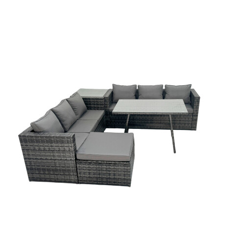 Fimous Fimous Rattan Dining Table Sofa Set with Side Table 2 Big Footstools Outdoor 1