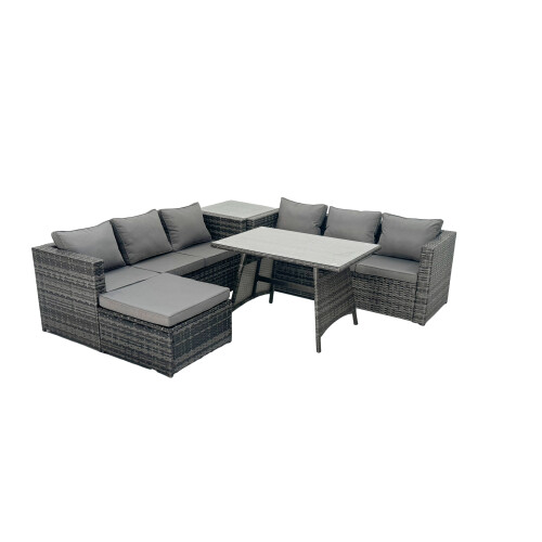 Fimous Fimous Rattan Dining Table Sofa Set with Side Table 2 Big Footstools Outdoor