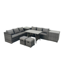 Fimous Rattan Dining Table Sofa Set with 2 Side Table Small Footstool Outdoor