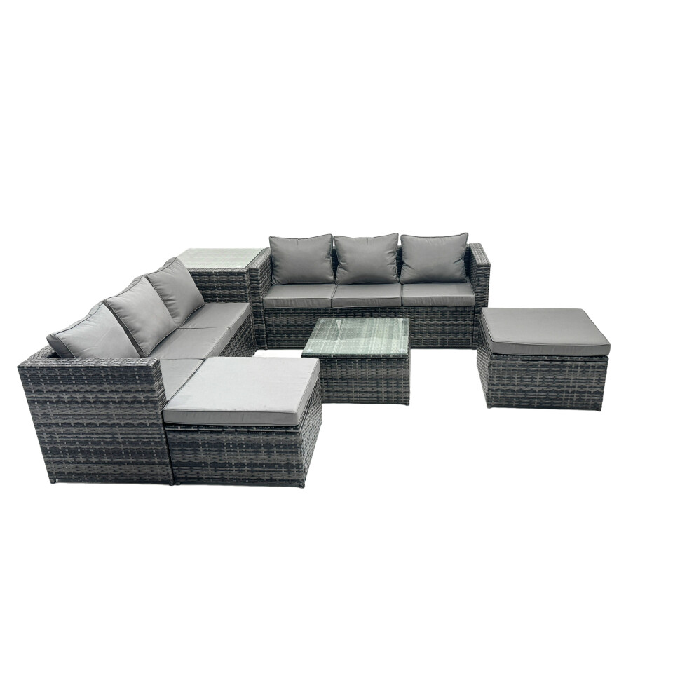 Fimous Dark/Grey Outdoor Rattan Garden Furniture Set 8 Seater Patio Lounge Sofa Set With Square Coffee Table Side Table 2 Big Footstools Mixed - Image 2