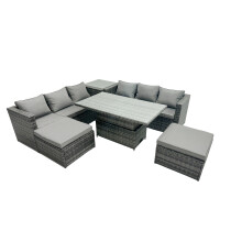 Fimous Rattan Dining Table Sofa Set with Side Table 2 Stools Outdoor 8 Seat