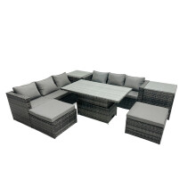 Fimous Rattan Dining Table Sofa Set with 2 Side Tables 2 Stool Outdoor 8 Seat