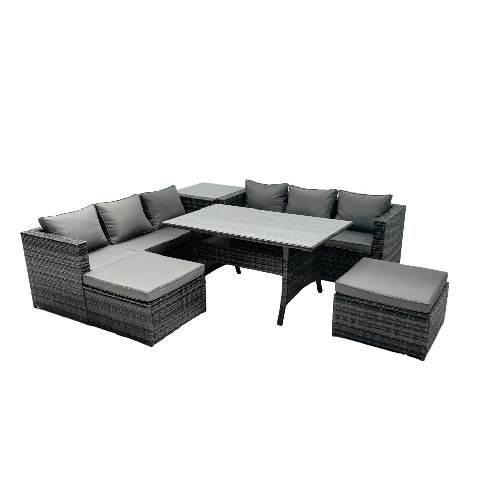 Fimous Dark/Grey Outdoor Dining Table Sofa Set With Side Table Big Footstool Garden Furniture Set Mixed - Image 2