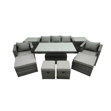 Fimous Rattan Lounge Sofa Rising Dining Table Set & 2 Side Tables 4 Footstool