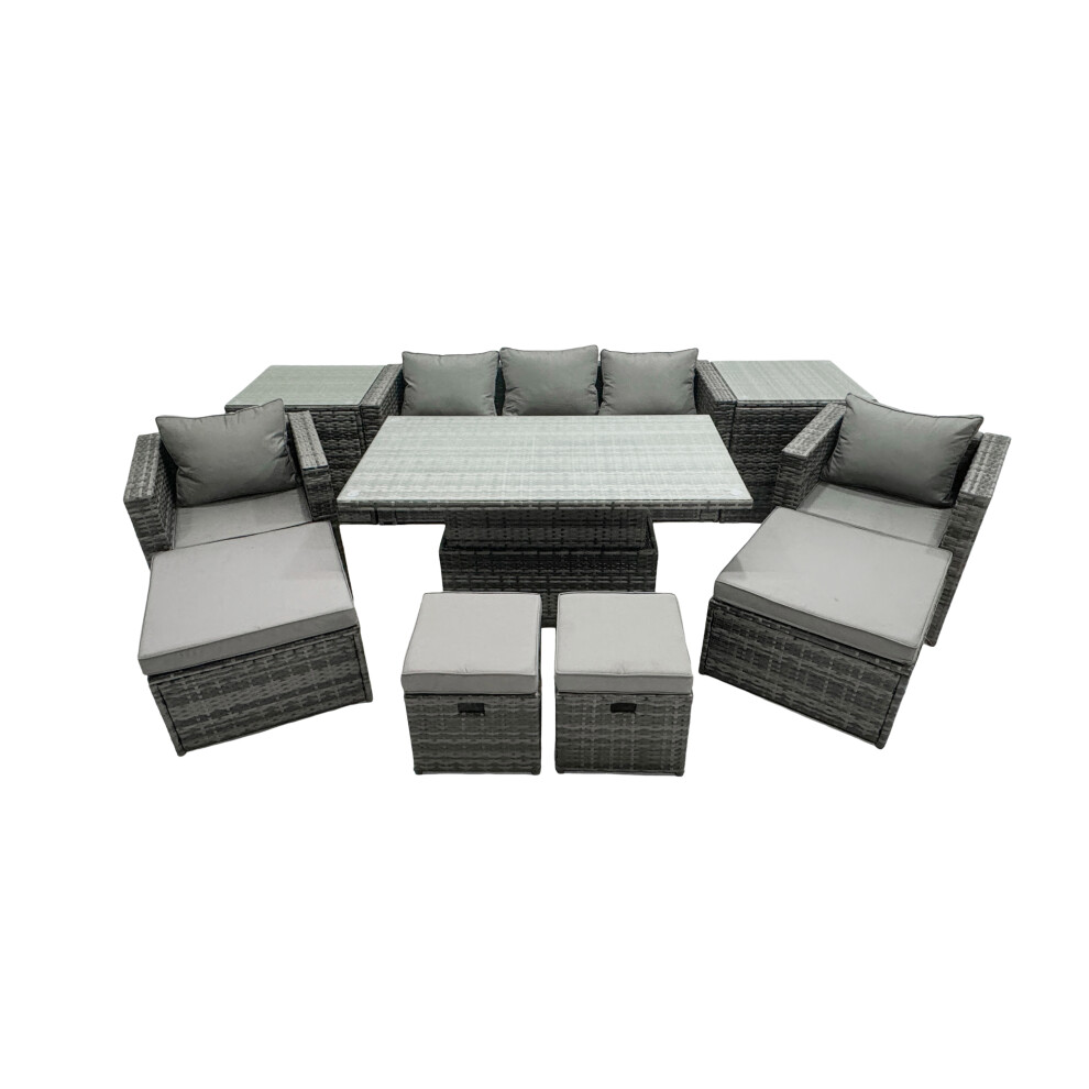 Fimous Rattan Lounge Sofa Rising Dining Table Set & 2 Side Tables 4 Footstool