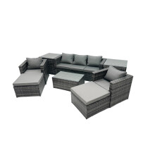 Fimous Outdoor Coffee Table Sofa Set with 2 Side Tables 2 Big Stools