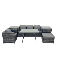 Fimous Outdoor Dining Table Sofa Set with 2 Side Tables Big Footstool