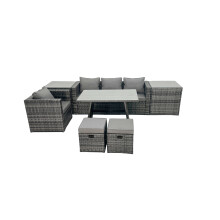 Fimous Rattan Dining Table Sofa Set with 2 Side Tables 2 Footstools Outdoor