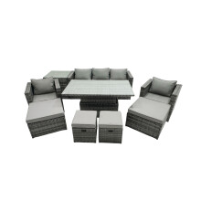 Fimous Rattan Lounge Sofa Rising Dining Table Set & Side Table 4 Footstool