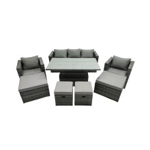 Fimous Rattan Lounge Sofa Rising Dining Table Set & 4 Footstool