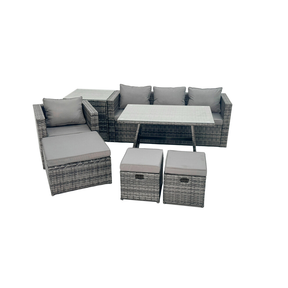 Fimous Rattan Dining Table Sofa Set With Side Table 3 Footstools Outdoor