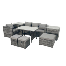 Fimous Rattan Dining Table Sofa Set with 2 Side Tables 3 Footstools Outdoor