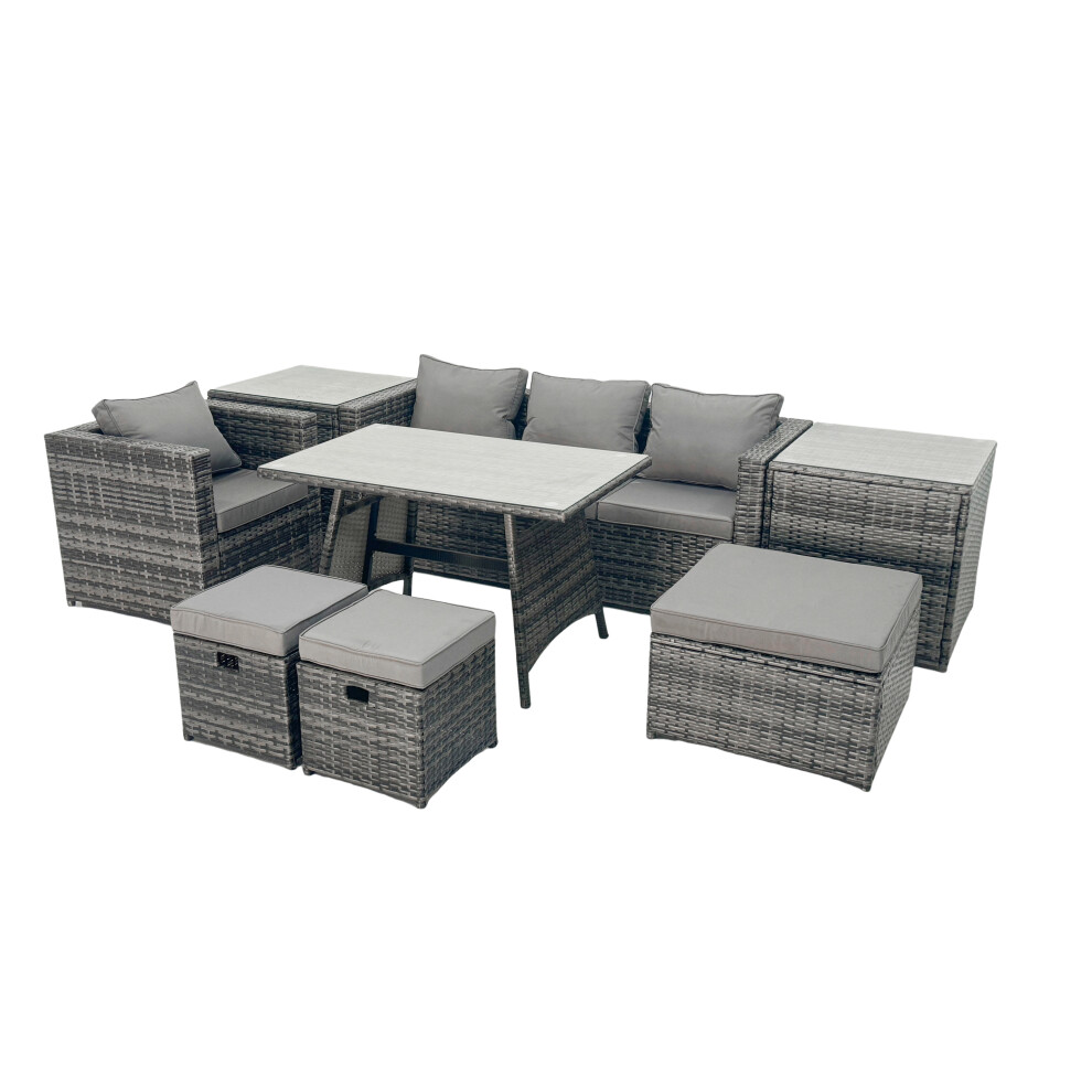 Rackhams Dark/Grey Rattan Dining Table Sofa Armchair Set With 2 Side Tables 3 Footstools Outdoor Garden Furniture Set Mixed - Image 2
