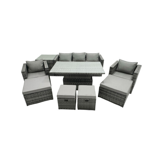 Fimous Fimous Rattan Lounge Sofa Rising Dining Table Set & Side Table 4 Footstool 1