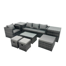 Fimous Outdoor Coffee Table Sofa Set with 2 Side Tables 2 Small Footstools