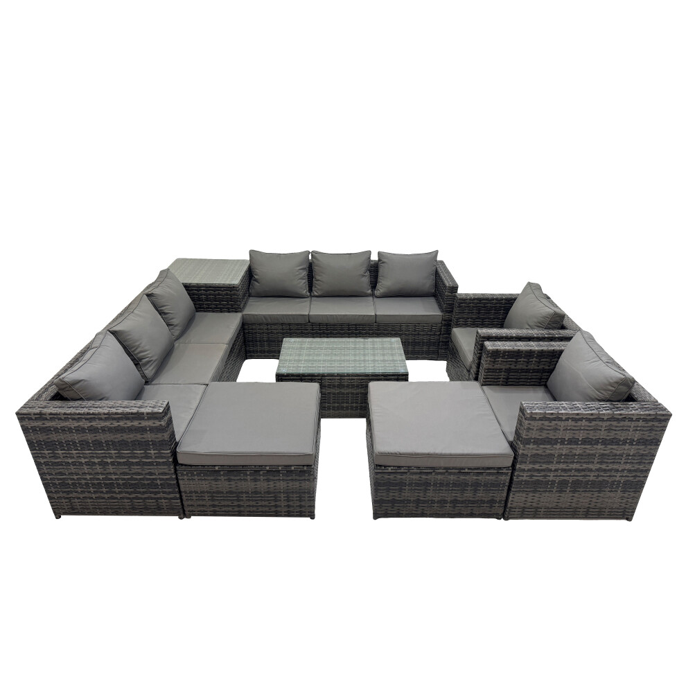 Fimous Dark/Grey 10 Seater Garden Outdoor Rattan Furniture Set Patio Corner Sofa Rectangular Coffee Table With 2 Big Stools Side Table - Image 2
