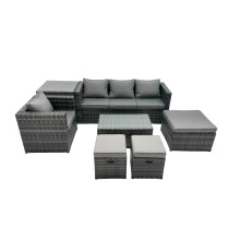 Fimous Outdoor Coffee Table Sofa Set with Side Table Stool 2 Small Footstools