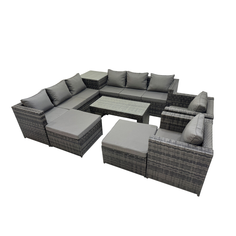 Rackhams Dark/Grey Garden Rattan Outdoor Furniture Set 10 Seater Patio Corner Sofa Oblong Coffee Table With Chair 2 Big Stool Side Table - Image 2