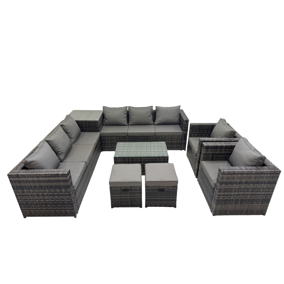 Rackhams Dark/Grey 10 Seater Garden Outdoor Rattan Furniture Set Patio Corner Sofa Rectangular Coffee Table With 2 Small Stool - Image 2