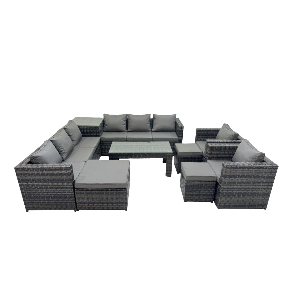 Rackhams Dark/Grey Garden Rattan Outdoor Furniture Set 11 Seater Patio Corner Sofa Oblong Coffee Table With Chair 3 Stools Side Table - Image 2