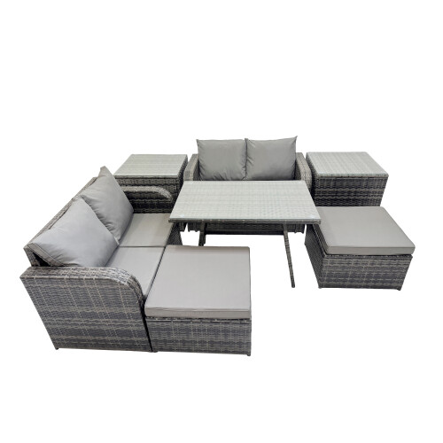 Fimous Fimous 6 Seater Rattan Sofa Oblong Dining Table with 2 Side Table Dark Grey 1