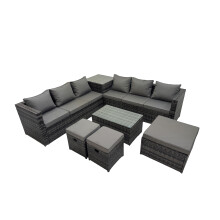 Fimous 9 Seater Garden Outdoor Rattan Furniture Set with 3 Stool Dark Grey