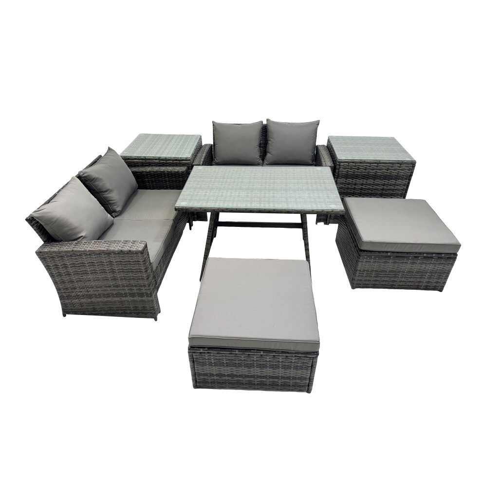 Fimous Dark/Grey 6 Seater Wicker Pe Rattan Furniture Outdoor Dining Table Double Seat Sofa 2 Big Stool 2 Side Table Set Mixed - Image 2