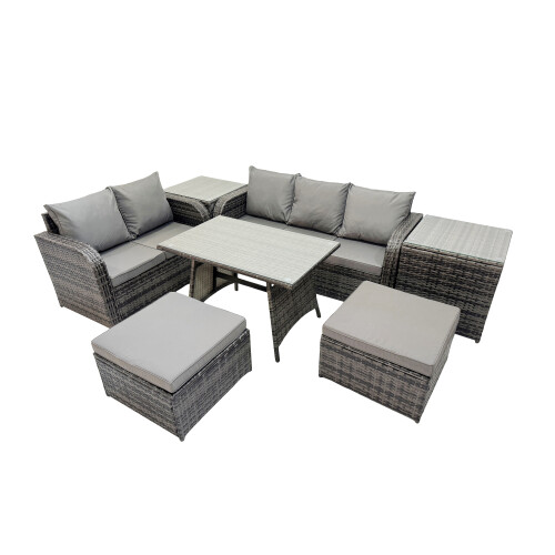 Fimous Fimous 7 Seater Rattan Sofa Oblong Dining Table with 2 Side Tables 2 Stools