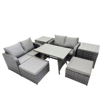 Fimous 6 Seater Rattan Sofa Oblong Dining Table with 2 Side Table Dark Grey