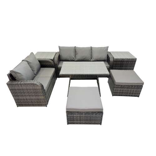 Fimous Fimous 7 Seater Rattan Sofa Oblong Dining Table with 2 Side Tables 2 Stools 1
