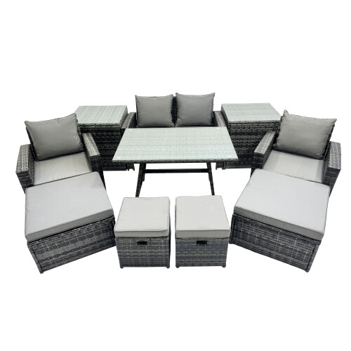 Fimous Fimous 8 Seater Outdoor Table Double Seat Sofa 2 Side Tables 4 Stools Set 1