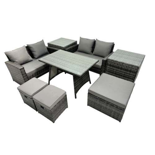 Fimous Fimous 7 Seater Outdoor Table Double Seat Sofa 3 Stools 2 Side Table Set 1