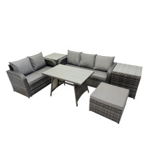 Fimous Garden Rattan Furniture Set 6 Seater with2 Side Table Big Stool