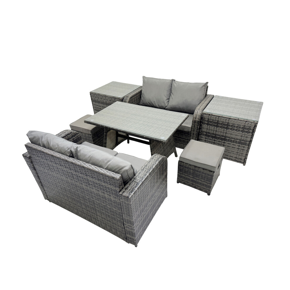 Fimous 6 Seater Rattan Sofa Oblong Dining Table With 2 Side Tables Dark Grey