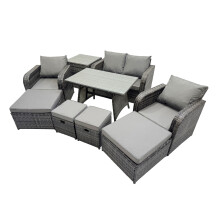 Fimous 8 Seater Rattan Sofa Oblong Dining Table with 2 Big Stool Side Table