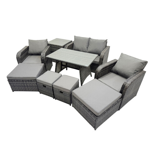 Fimous Fimous 8 Seater Rattan Sofa Oblong Dining Table with 2 Big Stool Side Table
