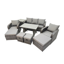 Fimous Garden Rattan Furniture Set 9 Seater with Side Table 2 Big Stool